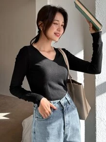 DAZY 純色v領綁帶針織毛衣 - 黑色 - 查看 8