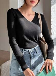 DAZY 純色v領綁帶針織毛衣 - 黑色 - 查看 9