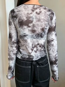 DAZY Tie Dye Top-stitching Asymmetrical Hem Top - Black and White - View 2