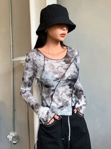 DAZY Tie Dye Top-stitching Asymmetrical Hem Top - Black and White - View 3