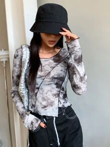 DAZY Tie Dye Top-stitching Asymmetrical Hem Top - Black and White - View 4