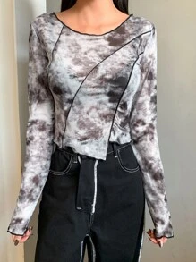 DAZY Tie Dye Top-stitching Asymmetrical Hem Top - Black and White - View 5