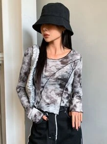 DAZY Tie Dye Top-stitching Asymmetrical Hem Top - Black and White - View 6