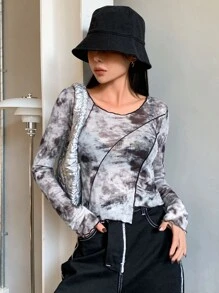 DAZY Tie Dye Top-stitching Asymmetrical Hem Top - Black and White - View 7