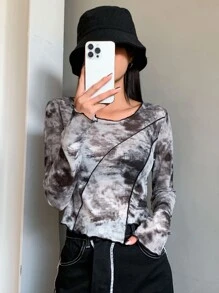 DAZY Tie Dye Top-stitching Asymmetrical Hem Top - Black and White - View 8