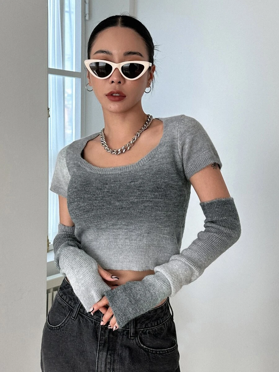 DAZY Ombre Crop Knit Top With Arm Sleeves - Grey - View 1