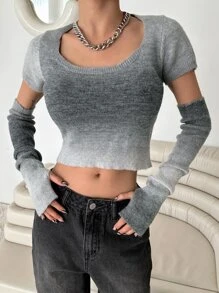 DAZY Ombre Crop Knit Top With Arm Sleeves - Grey - View 4