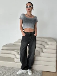 DAZY Ombre Crop Knit Top With Arm Sleeves - Grey - View 6