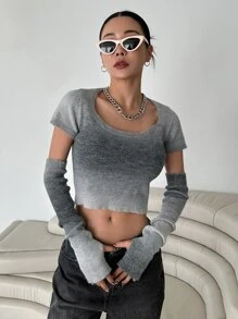 DAZY Ombre Crop Knit Top With Arm Sleeves - Grey - View 8