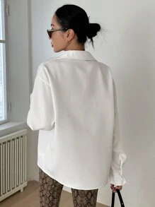 DAZY 1pc Solid Drop Shoulder Blouse,Fall Clothes Long Sleeve Top - White - View 2