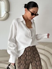 DAZY 1pc Solid Drop Shoulder Blouse,Fall Clothes Long Sleeve Top - White - View 4