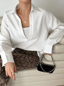 DAZY 1pc Solid Drop Shoulder Blouse,Fall Clothes Long Sleeve Top - White - View 1