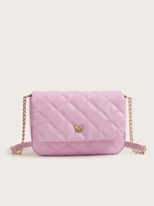 1pc Girls' Pink PU Plaid Chain Crossbody Bag With Flap Cover, Fashionable And Sweet, Suitable For Daily Use - Pink - View 2