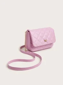 1pc Girls' Pink PU Plaid Chain Crossbody Bag With Flap Cover, Fashionable And Sweet, Suitable For Daily Use - Pink - View 4