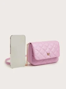 1pc Girls' Pink PU Plaid Chain Crossbody Bag With Flap Cover, Fashionable And Sweet, Suitable For Daily Use - Pink - View 5