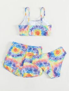 青少年女孩扎染比基尼套装搭配沙滩短裤夏日海滩