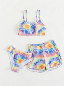 青少年女孩扎染比基尼套装搭配沙滩短裤夏日海滩