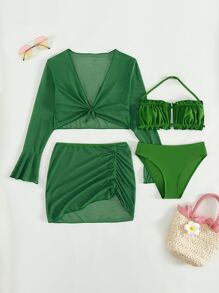 Teen Girls Ruched Bikini Set & Cover Up Top & Skirt Summer Beach - Green - View 5
