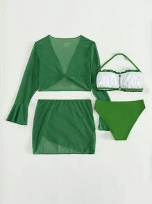 Teen Girls Ruched Bikini Set & Cover Up Top & Skirt Summer Beach - Green - View 2