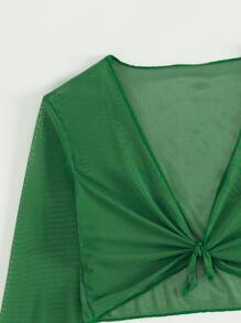 Teen Girls Ruched Bikini Set & Cover Up Top & Skirt Summer Beach - Green - View 3