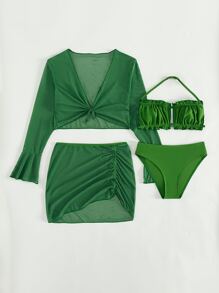 Teen Girls Ruched Bikini Set & Cover Up Top & Skirt Summer Beach - Green - View 1