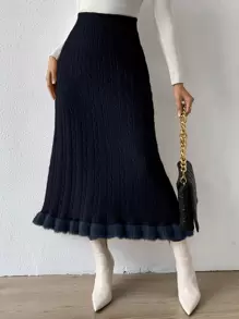 SHEIN Privé Fuzzy Hem Cable Knit Skirt - Navy Blue - View 1