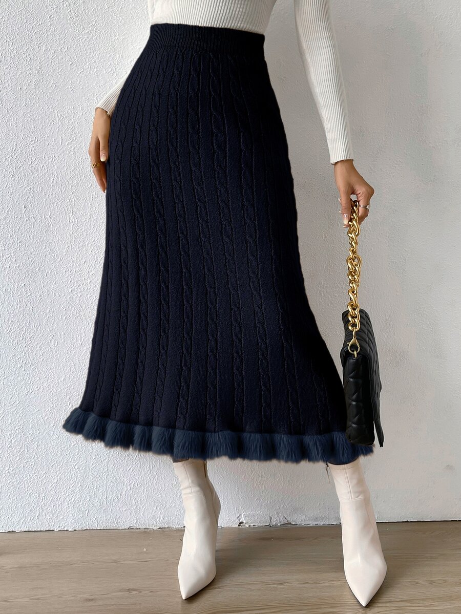 SHEIN Privé Fuzzy Hem Cable Knit Skirt - Navy Blue - View 1