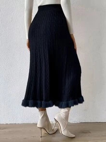 SHEIN Privé Fuzzy Hem Cable Knit Skirt - Navy Blue - View 2