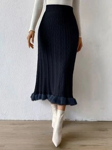 SHEIN Privé Fuzzy Hem Cable Knit Skirt - Navy Blue - View 3