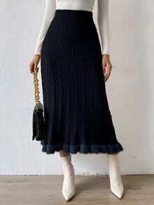 SHEIN Privé Fuzzy Hem Cable Knit Skirt - Navy Blue - View 4