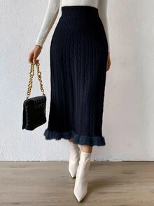SHEIN Privé Fuzzy Hem Cable Knit Skirt - Navy Blue - View 5