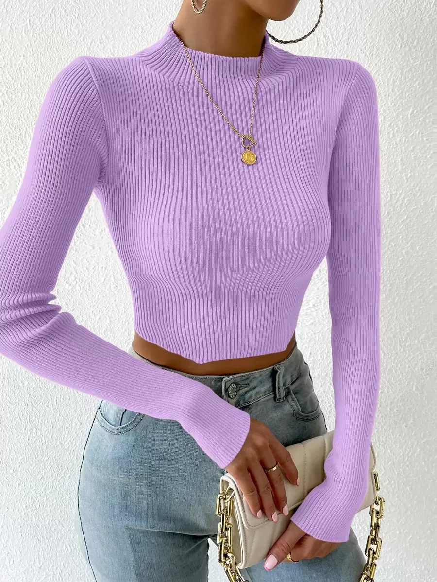 Chiquease Mock Neck Rib-knit Crop Jumper - Lilac Purple - View 1