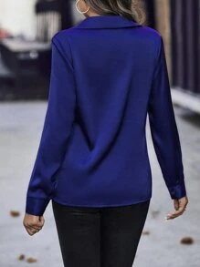 SHEIN Clasi Contrast Sequin Pocket Patched Satin Shirt - Royal Blue - View 2