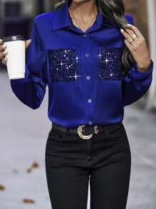 SHEIN Clasi Contrast Sequin Pocket Patched Satin Shirt - Royal Blue - View 5