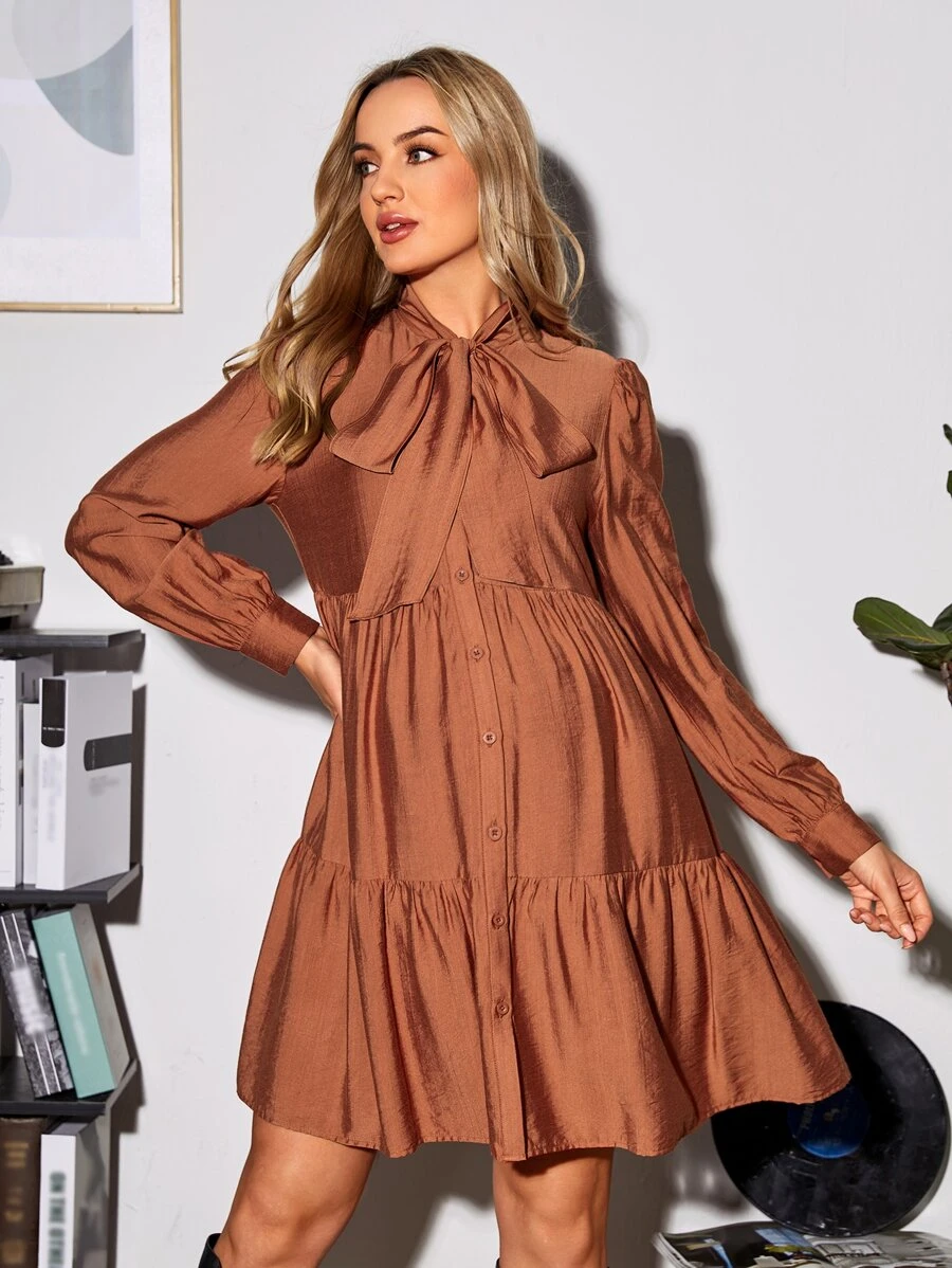SHEIN Maternity Tie Neck Ruffle Hem Smock Dress - Rust Brown - View 1