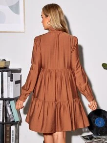 SHEIN Maternity Tie Neck Ruffle Hem Smock Dress - Rust Brown - View 2