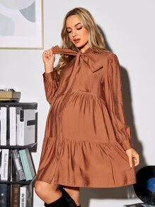 SHEIN Maternity Tie Neck Ruffle Hem Smock Dress - Rust Brown - View 4
