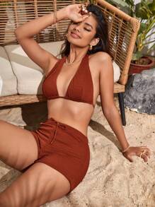 Plain Halter Bikini Set Summer Beach - Rust Brown - View 5