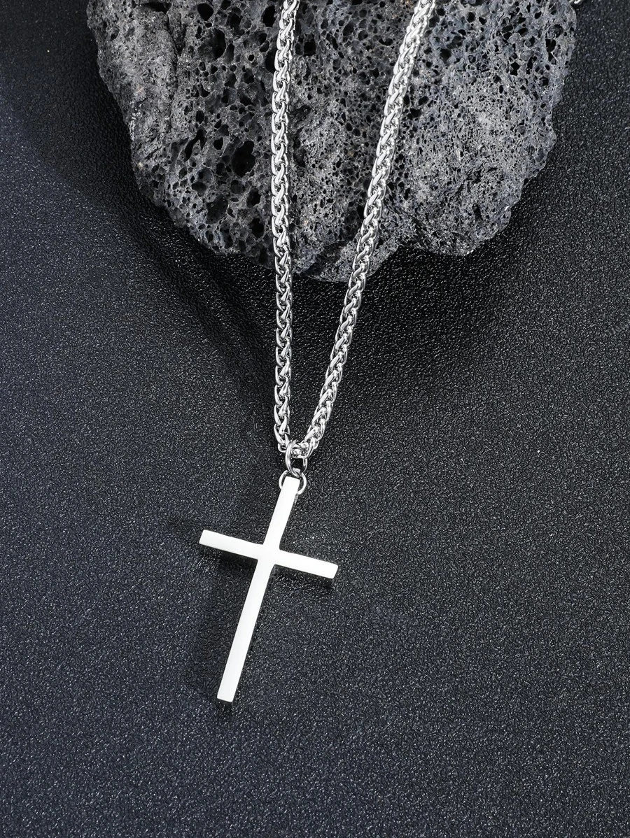 時尚流行男士十字吊墜項鍊不銹鋼珠寶禮物和時尚外觀 - 銀色 - 查看 1