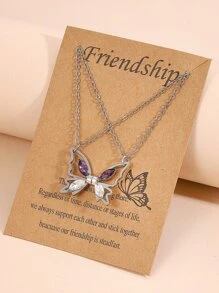2pcs Couple Magnetic Rhinestone Butterfly Pendant Necklace - Silver - View 2