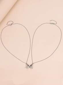 2pcs Couple Magnetic Rhinestone Butterfly Pendant Necklace - Silver - View 3