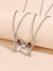 2pcs Couple Magnetic Rhinestone Butterfly Pendant Necklace - Silver - View 6