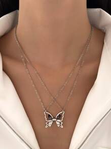 2pcs Couple Magnetic Rhinestone Butterfly Pendant Necklace - Silver - View 7