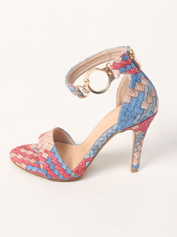Color Block Stiletto Heeled Ankle Strap Sandals, Mule Multicolor Fashionable Contrast Ankle Strap Women's High-heeled Sandals - Multicolor - View 6