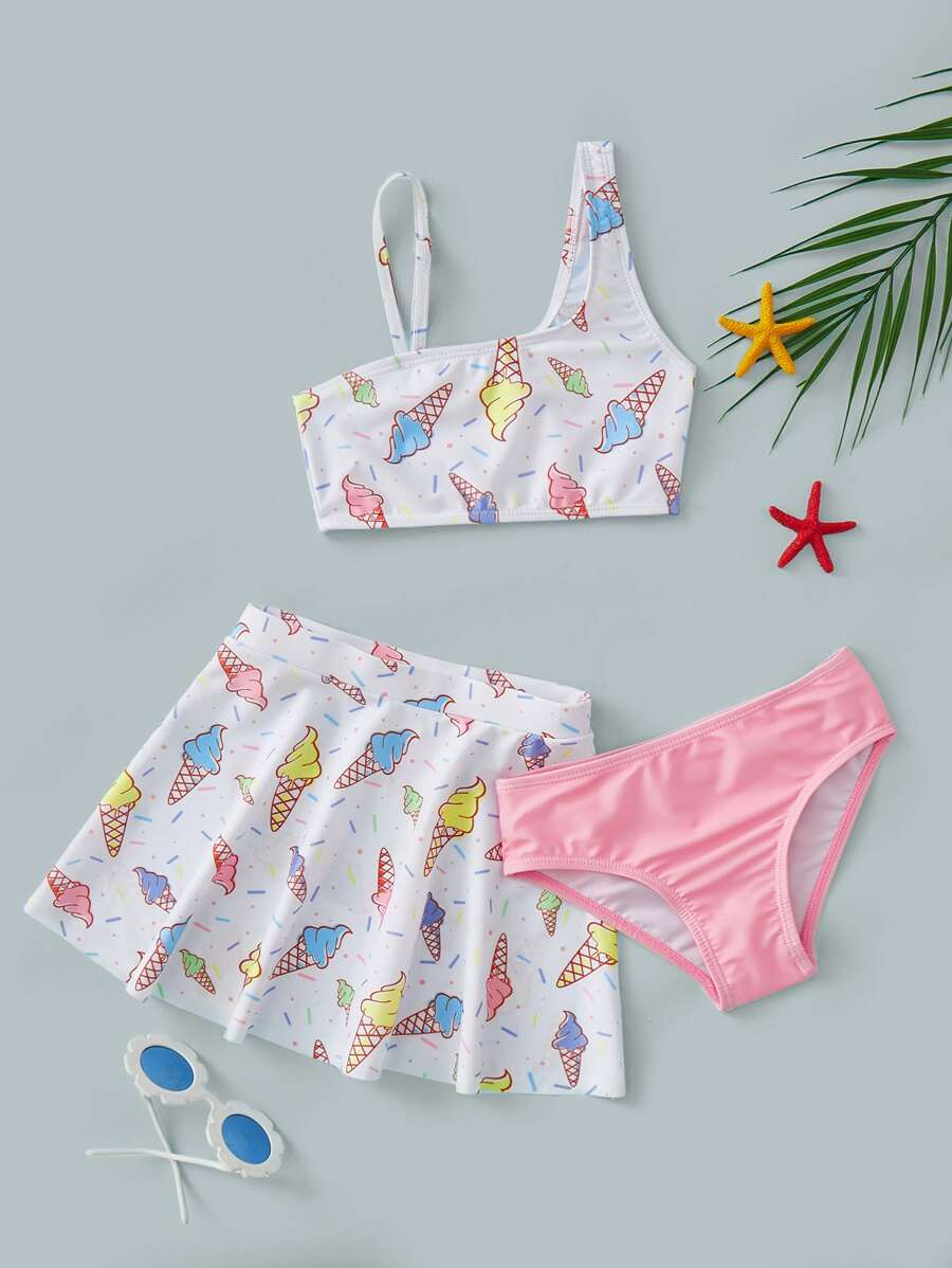 年轻女孩冰淇淋印花比基尼套装搭配沙滩裙夏日海滩 - 彩色 - 查看 1