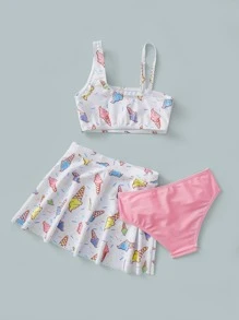 年轻女孩冰淇淋印花比基尼套装搭配沙滩裙夏日海滩 - 彩色 - 查看 2