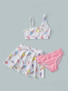 年轻女孩冰淇淋印花比基尼套装搭配沙滩裙夏日海滩 - 彩色 - 查看 5