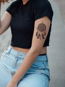 Kits de pegatinas de tatuaje, 4 hojas de patrón de atrapasueños tatuajes temporales para mujeres, pegatinas de tatuaje para adultos, patrón de atrapasueños de tatuaje realista, para mujeres y niñas - Marrón - Ver 2