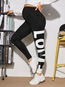 SHEIN 孕婦字母圖案寬腰帶緊身打底褲 - 黑色 - 查看 1