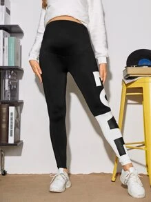 SHEIN 孕婦字母圖案寬腰帶緊身打底褲 - 黑色 - 查看 3